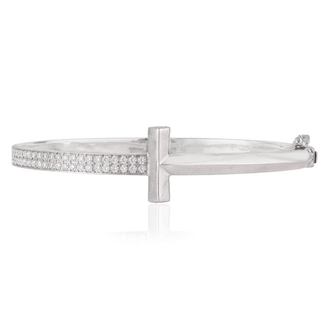 Contemporary Modernist T Bar Cubic Zirconia Bangle Bracelet in 925 Silver - Anniversary Gift For Sale - Image 3 of 12