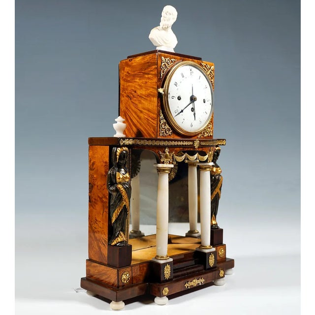 Complete Vienna clock on six stocky ball feet made of alabaster, architecturally structured wooden case with fruitwood...