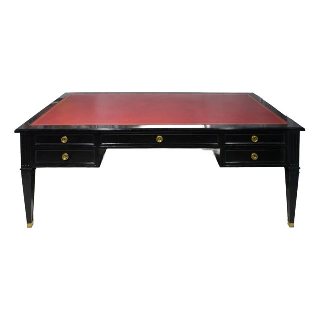 Vintage Ebonized Leather-Top French Bureau Plat Faux-Partner's Desk For Sale