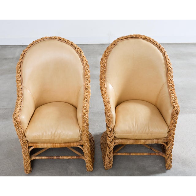 Sand Set of Eight Michael Taylor Style Rattan Leather Dining Chairs For Sale - Image 8 of 18