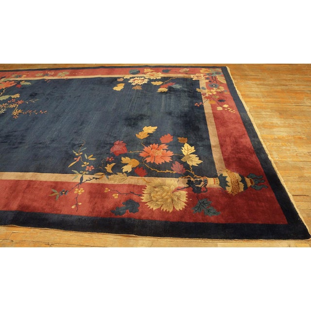 1920s Blue Navy Floral Antique Chinese Art Deco Rug 9' X 11'8" Handknotted Wool Carpet For Sale - Image 4 of 8
