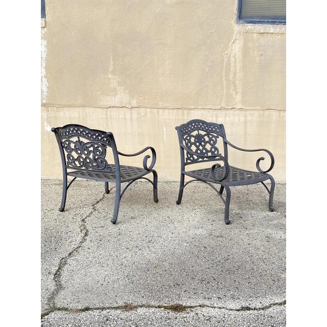 Contemporary Cast Aluminum Mediterranean Tuscan Style Scrolling Garden Patio Club Chairs - a Pair. Circa 21st Century,...
