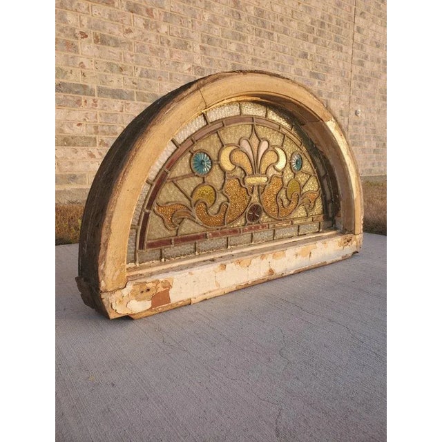19th Century 19th Century Victorian Era Architectural Salvaged Stained Glass Panel Transom Fanlight Window in Original Arched Wooden Frame For Sale - Image 5 of 13