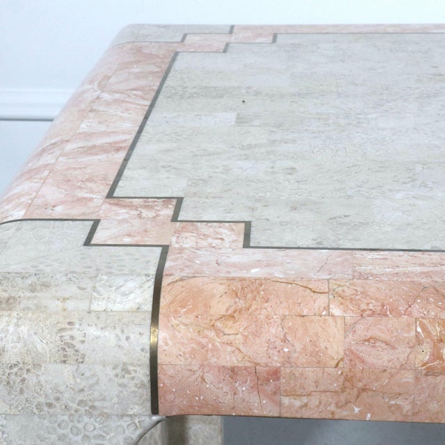 Postmodern 1980s Maitland-Smith Tessellated Stone and Brass Inlay Waterfall Side Table For Sale - Image 3 of 11
