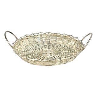 Vintage French Provincial Woven Silver Plate Basket Tray With Handles Style After Christofle For Sale