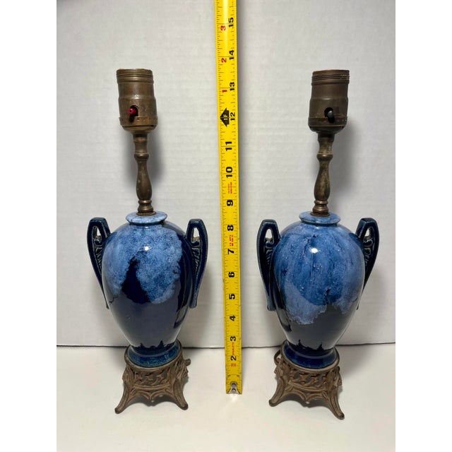Metal 1930s Art Deco Cobalt Blue Ceramic Table Lamps Bronze Bases - a Pair For Sale - Image 7 of 7