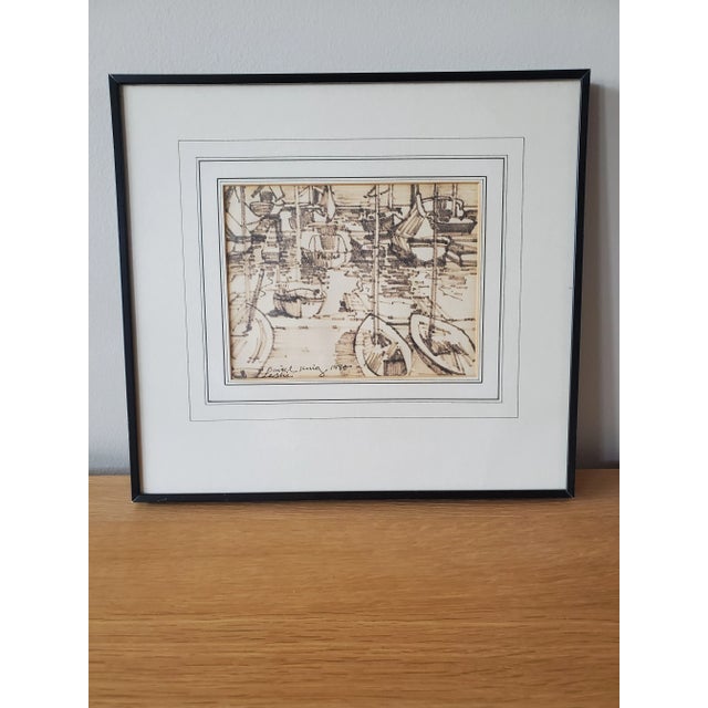 Handsome original nautical scene of Leschi Seattle sailboats done in marker with a sepia tone. Signed by artist and...