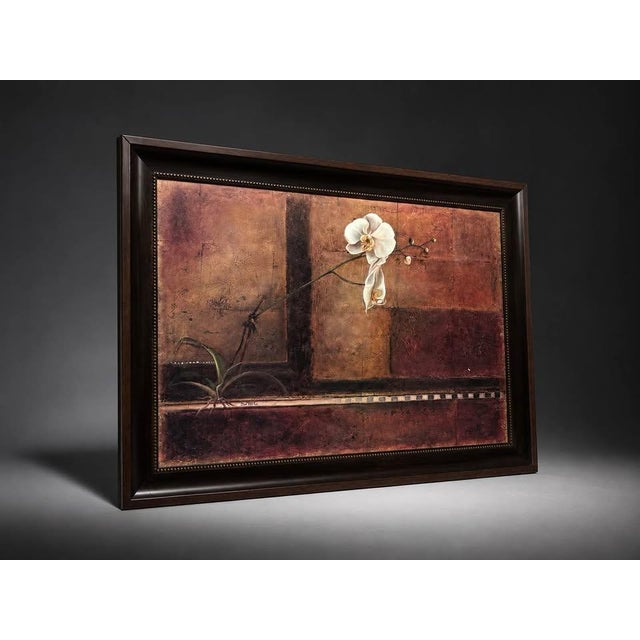 Contemporary Textured White Orchid Oil Painting in Dark Wood Frame For Sale - Image 3 of 4