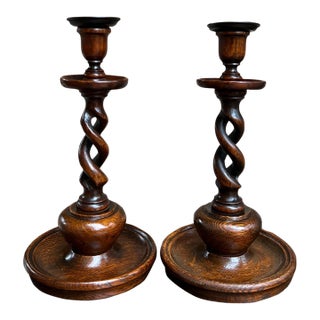 Antique English Oak Open Barley Twist Candlesticks Jacobean Pair C1890 11.0” For Sale