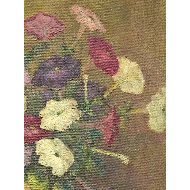 Farmhouse Early 20th Century “Petunias Floral Still Life” Oil Painting on Board Artist B Dyer For Sale - Image 3 of 13