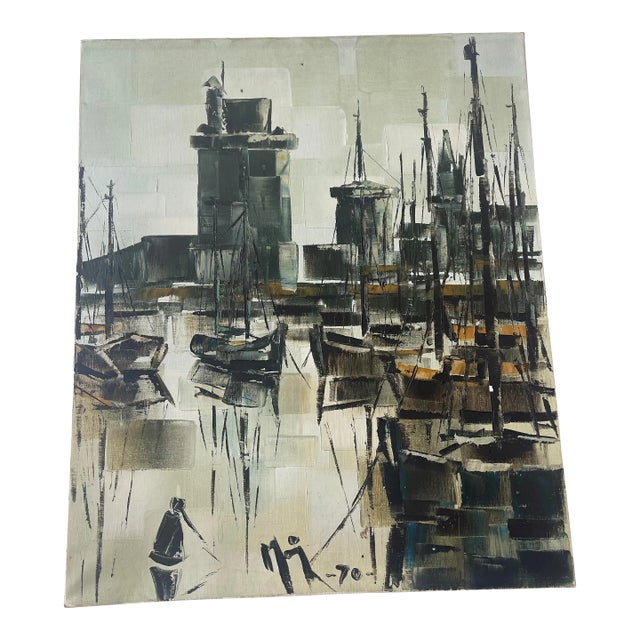 Oil Painting on Canvas Representing the Port of La Rochelle 1970 France For Sale