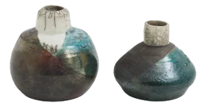 Japanese Raku Black White Blue Crackle Metal Ceramic Modern Akuma No Me Vase by Laab Milano, Set of 2