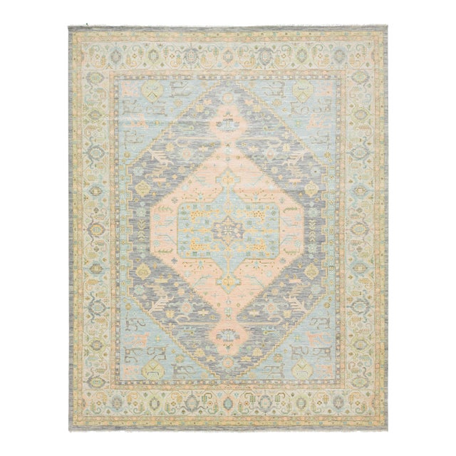 Modern Handmade Oushak Style Wool Rug in Peach and Blue With Medallion Design For Sale