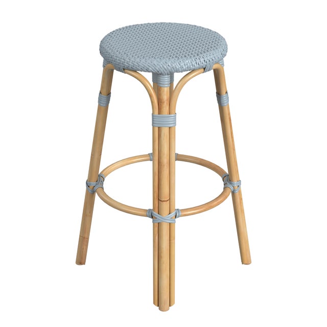 2020s Tobias 30 in. Seat Height Round Rattan Backless Bar Stool, Baby Blue/ Natural Rattan Frame For Sale - Image 5 of 8