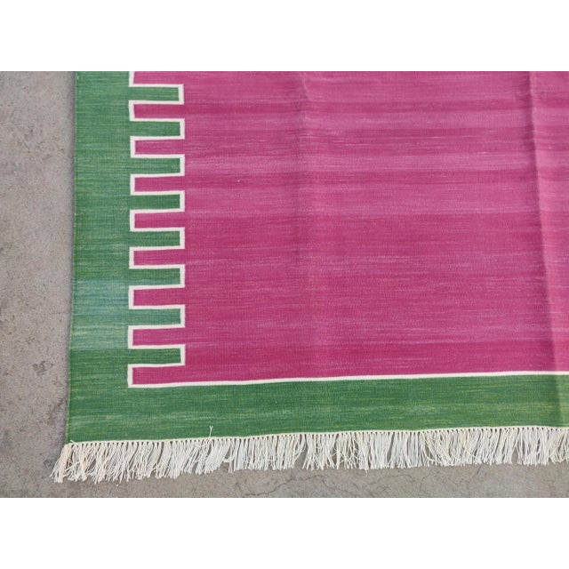 Handmade Cotton Rug, Raspberry with Forest Green Geometric Border and Cream Fringe - 6'x9' For Sale - Image 6 of 10