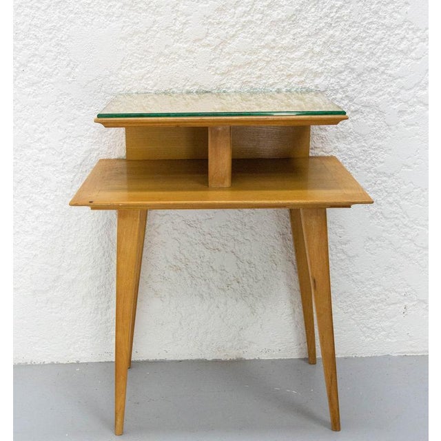 French Nightstand in Elm & Beveled Glass with Compas Feet, 1950s For Sale - Image 4 of 13