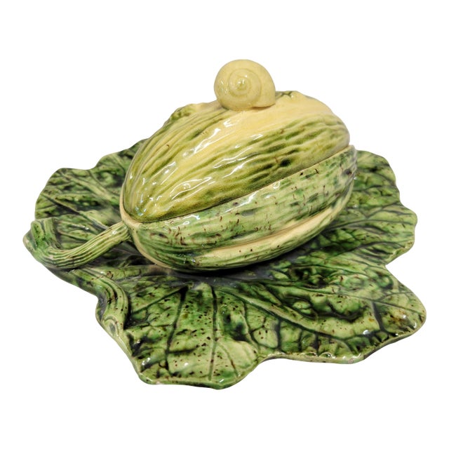 Antique Majolica Melon on Leaf Dish in the Style of Sarreguemines For Sale