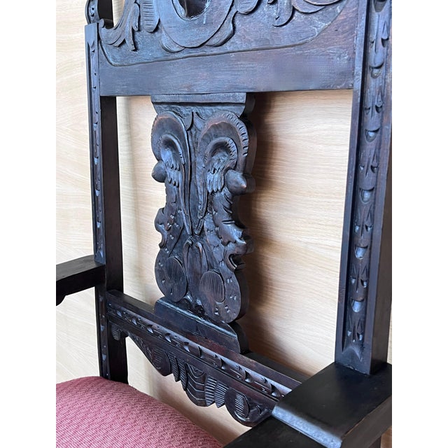 19th Spanish Colonial Altar Carved Armchair with Red Velvet Seat and Carved Back For Sale - Image 12 of 18