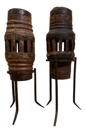 Antique Mid 19th Century Cogs on Custom Metal Stand - Set of 2