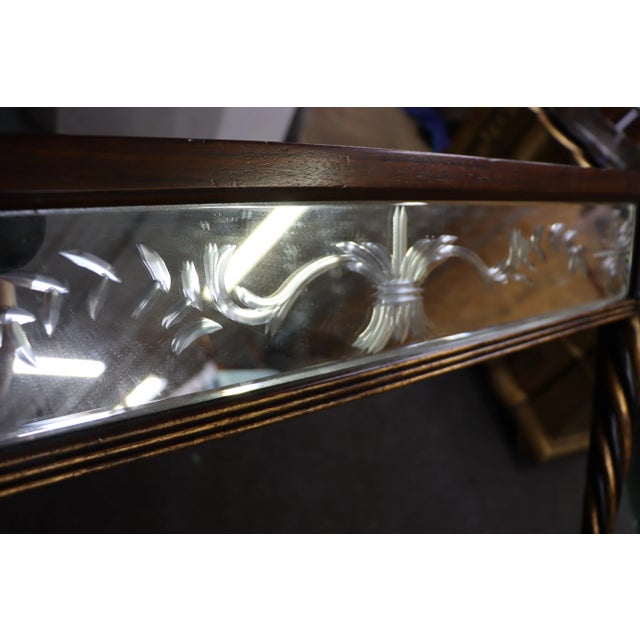 Regency style etched glass mirrored coffee table with black and brass claw feet.