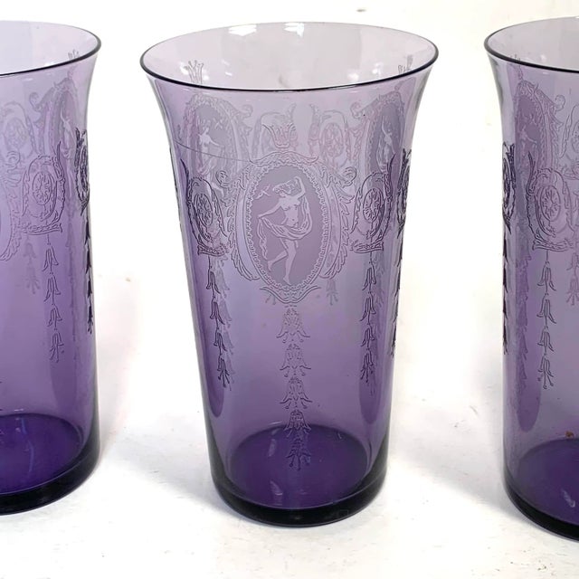 Early 20th Century Amethyst Glass Tumblers With Etched Grecian Figures Set of Three For Sale - Image 11 of 12