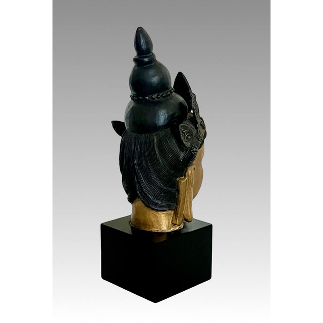 Boho Chic Mounted Asian Gold Buddha Head on Black Pedestal For Sale - Image 3 of 10