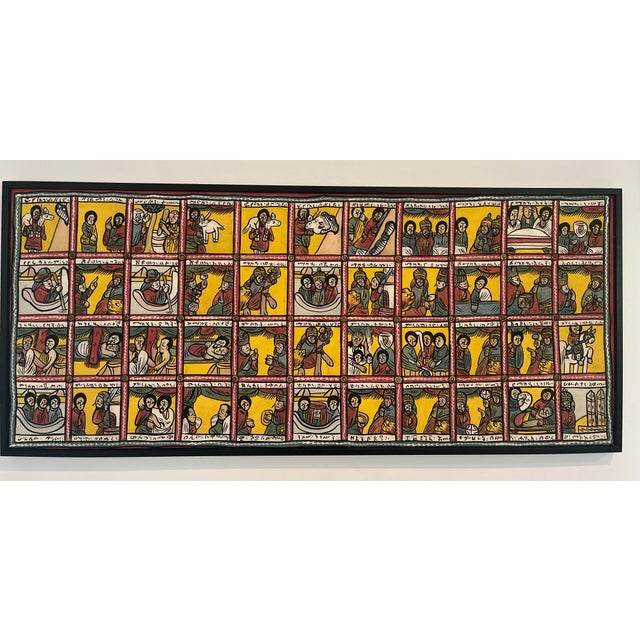 Exceptional vintage Ethiopian narrative painting on cloth illustrating the legendary story of the Queen of Sheba (Makeda),...