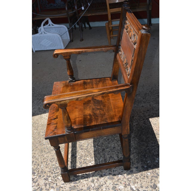 Antique Elgin a Simonds Dark Oak Wood Wainscot Side / Dining Chair W/ Arms & Carved Back For Sale - Image 4 of 18