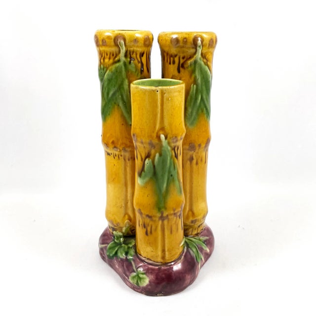 Yellow 1875 Minton Majolica Tri-Form Bamboo and Leaves Posey Bud Vase, English For Sale - Image 8 of 8