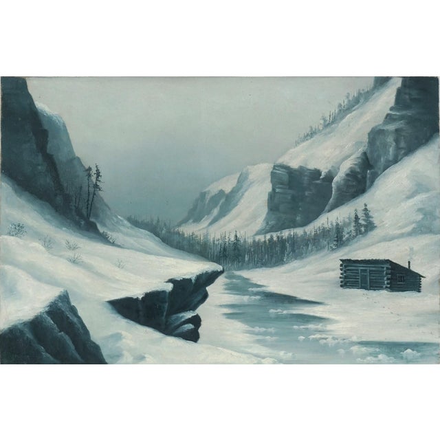 Wonderful snowy landscape with footprints leading to cabin in valley circa 1940. Signed lower left "Gruber." Image has...