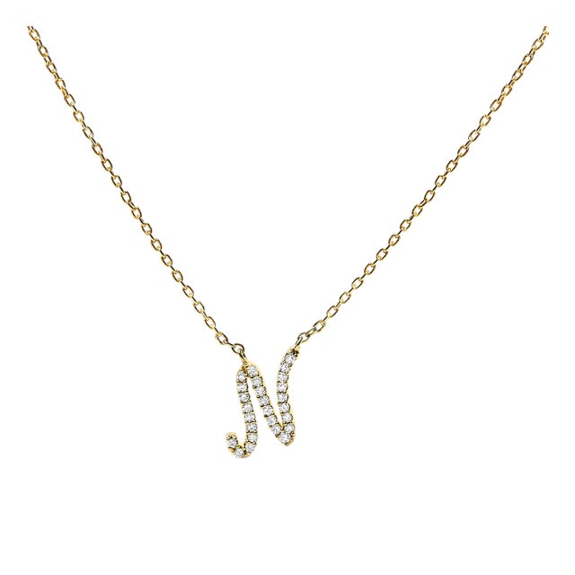 10K Yellow Gold Diamond Accent "N" Initial Script Style Pendant Necklace For Sale
