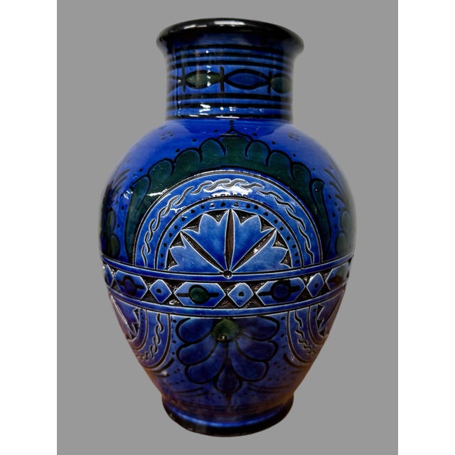 Mid-Century Modern Vintage Incised Cobalt Blue Decorated Art Pottery Vase For Sale - Image 3 of 8