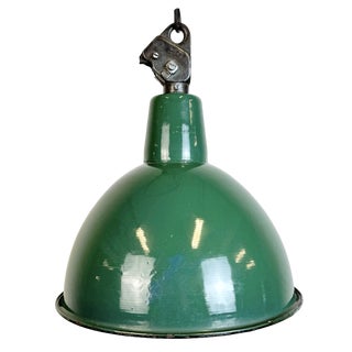 Industrial Green Enamel Factory Lamp with Cast Iron Top, 1960s For Sale