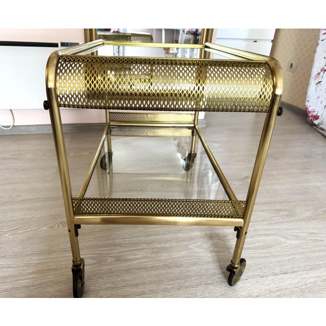 Mid-Century Brass & Glass Bar Cart with Perforated Gallery, 1960s For Sale - Image 6 of 16