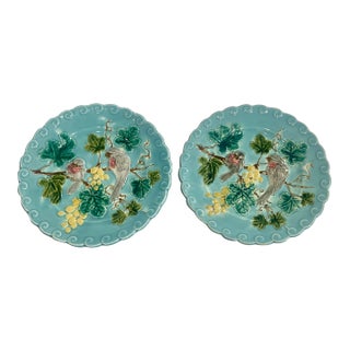 Pair French Antique Majolica Bird & Grape Pates by Sarreguemines, C1880 For Sale