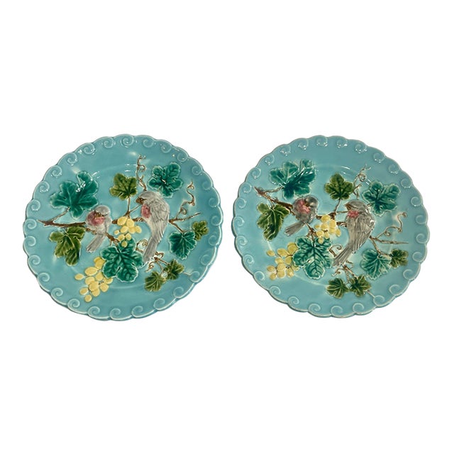 Pair French Antique Majolica Bird & Grape Pates by Sarreguemines, C1880 For Sale