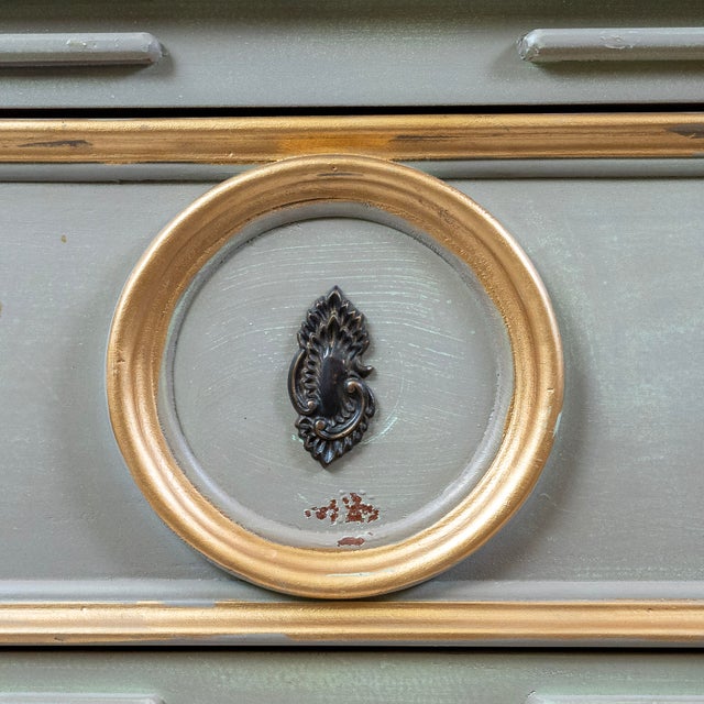 1990s 1990s Handcrafted Chest With Two-Toned Scrubbed Gray Painted Red Finish and Gold Leaf Accents For Sale - Image 5 of 7