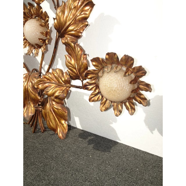 Large 1960's Hollywood Regency Wall Light Gilt Gold Tole Five Arm Sunflower Made Italy For Sale - Image 9 of 12