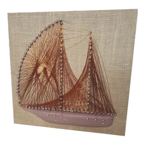 Mid Century Modern Fabric and Copper Wire Art, Sailboat