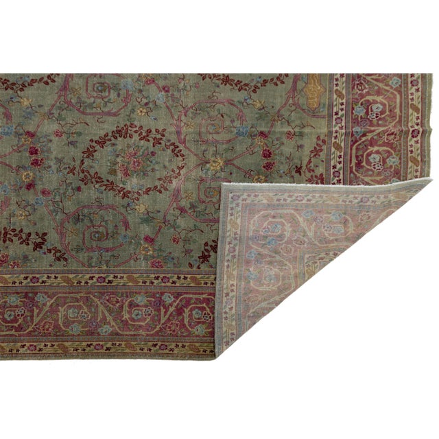1890s Green Antique Indian Agra Handmade Wool Rug With Floral Pattern For Sale - Image 4 of 12