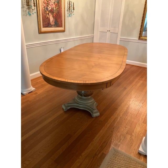 Wood Vintage Hollywood Regency Satinwood Extension Dining Table and 8 Cane-Back Chairs For Sale - Image 7 of 12