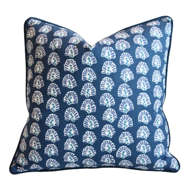 Robert Allen Robert Allen Beachy Blue/White Coastal Nautical Feather/Down Pillow 22" Square For Sale - Image 4 of 6