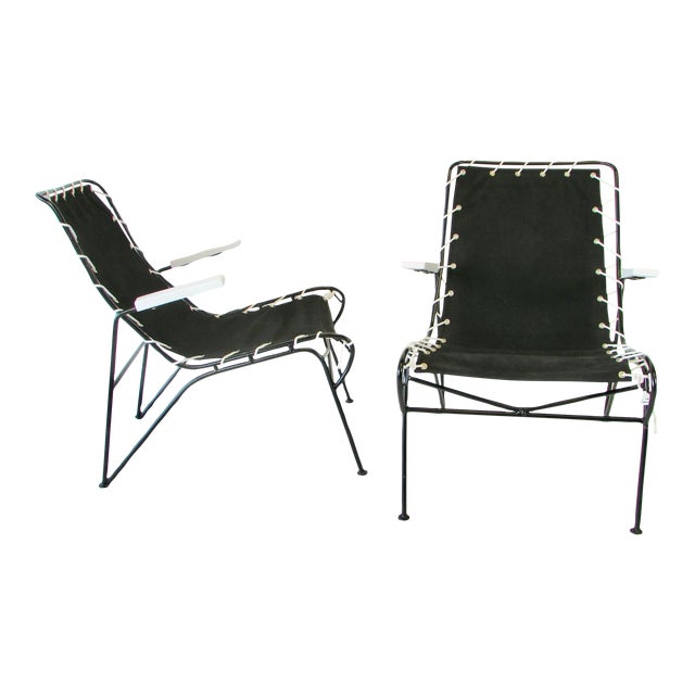 Mid 20th Century Pipsin Saarinen Swanson Wrought Iron Frame & Canvas Sling Seat Chairs - A Pair For Sale