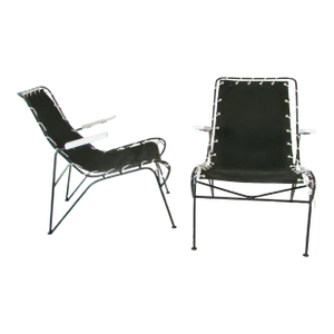 Mid 20th Century Pipsin Saarinen Swanson Wrought Iron Frame & Canvas Sling Seat Chairs - A Pair
