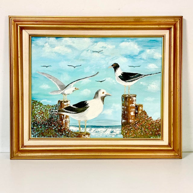 Nautical 1982 Vintage Coastal Impressionists Original Oil Painting, Pelicans on the Dock by Jay Brown For Sale - Image 3 of 10