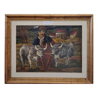 Beppe Serafini, Oxen, 1983, Oil on Cardboard, Framed For Sale