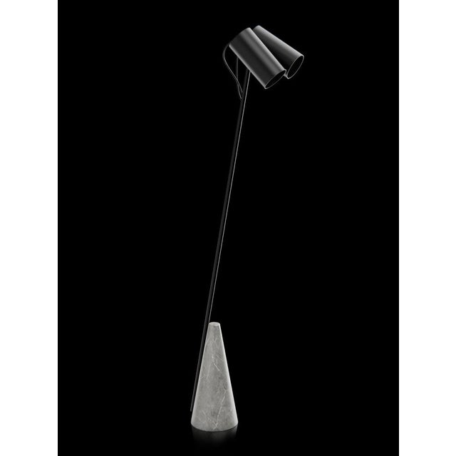 Floor lamp with grey stone base, black paint structure and double black paint lightshield. European Plug (up to 250V).