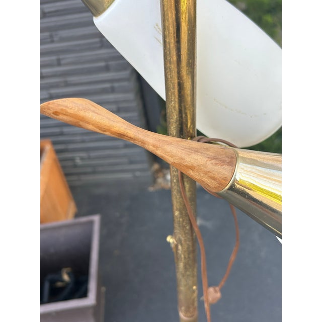 Walnut and Brass MCM floor lamp with 3 adjustable glass fixtures. The pole is adjustable as well. This would add mid...