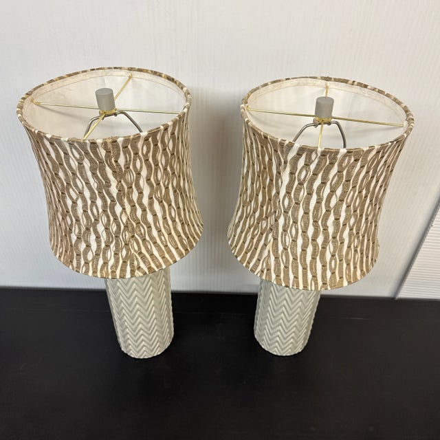 Mid-Century Modern Celadon Zig Zag Ceramic Table Lamps With Funky Shades, Pair For Sale - Image 3 of 12