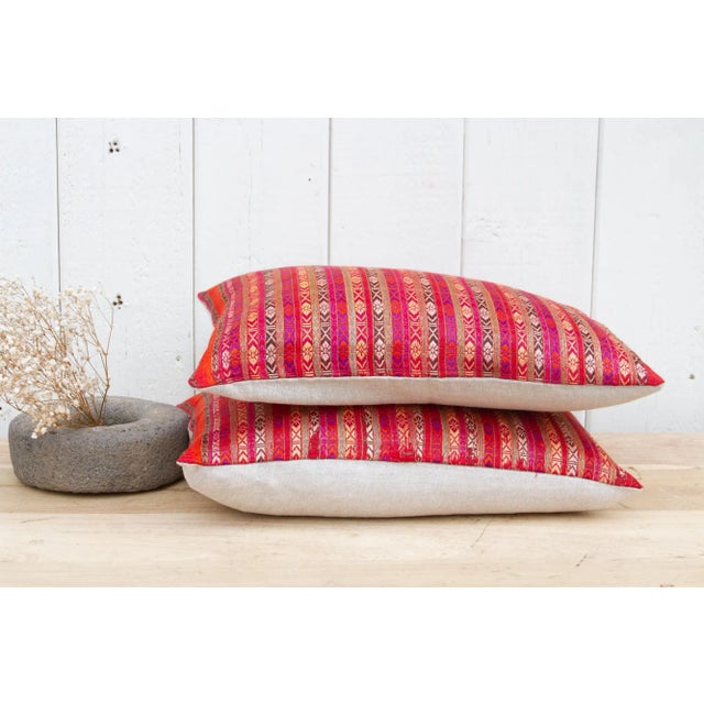 Set of 2 Antique Wedding Silk Shawl Pillows For Sale - Image 4 of 10